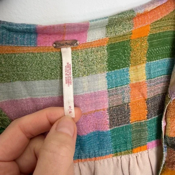 Free People Mixed Print Patchwork Tunic Dress Floral Plaid Boho S V Neck - Picture 6 of 10